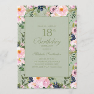 Invitación Cumpleaños 18 Blush Rosa Floral Verde Menta