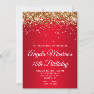 Invitación Cumpleaños 18 Brillante Gradiente Rojo Dorado con 