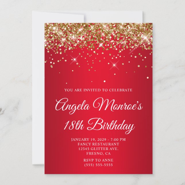 Invitación Cumpleaños 18 Brillante Gradiente Rojo Dorado con  (Anverso)