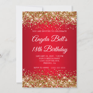 Invitación Cumpleaños 18 Brillante Rojo Ombre Purpurina Dorad