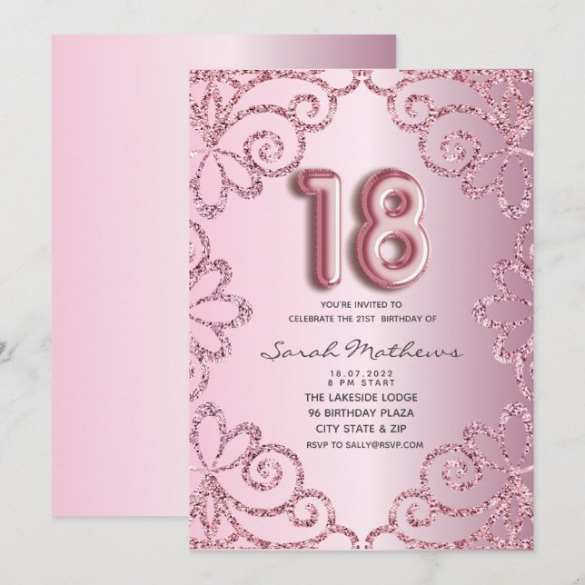 Invitación Cumpleaños 18 Brillante Rosa Princesa  (Anverso / Reverso)