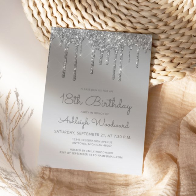 Invitación Cumpleaños 18 Chic Brillo Goteo Plata (Subido por el creador)