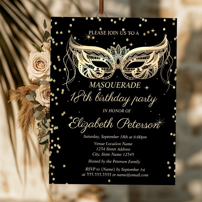 Invitación Cumpleaños 18 Chic Masquerade Oro Diamantes (Subido por el creador)