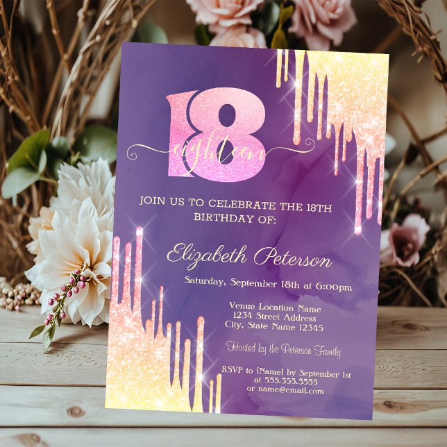 Invitación Cumpleaños 18 Chic Ombre Glitter Drips Violeta (Subido por el creador)