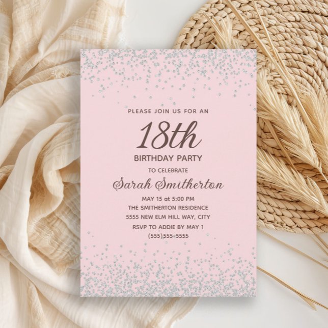 Invitación Cumpleaños 18 con Brillo de Diamante Plateado Rosa (Elegant blush pink 18th birthday party invitation with silver glitter)