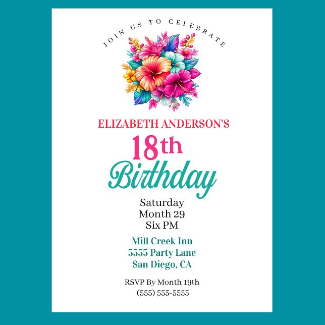 Invitación Cumpleaños 18 con Flores Tropicales (Pretty Tropical Flowers 18th Birthday Invitation For Girls)