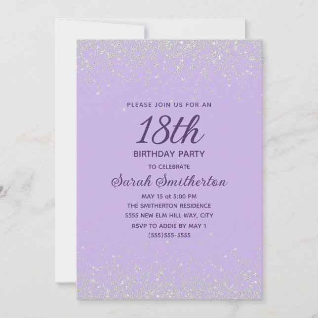Invitación Cumpleaños 18 con Glitter de Diamante Plateado Lav (Anverso)