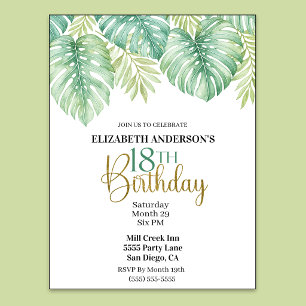 Invitación Cumpleaños 18 con Hojas Tropicales Acuarela