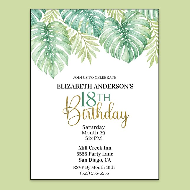 Invitación Cumpleaños 18 con Hojas Tropicales Acuarela (Watercolor Tropical Leaves 18th Birthday Invitation For Women.)