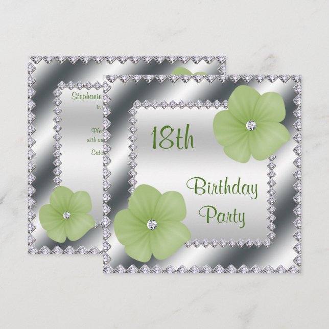 Invitación Cumpleaños 18 de Flores Verdes & Diamantes (Anverso / Reverso)