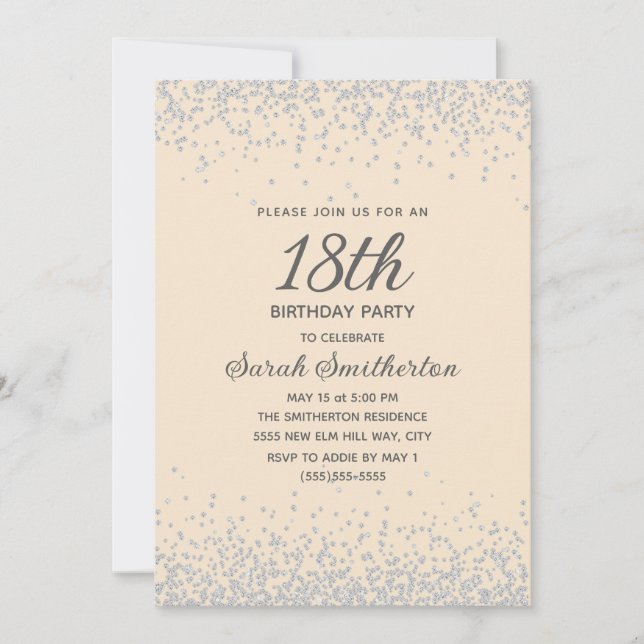Invitación Cumpleaños 18 de Glitter de Diamante de Plata Amar (Anverso)