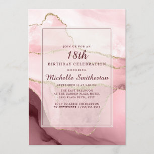 Invitación Cumpleaños 18 de mármol/ágata rosa Borgoña dorado