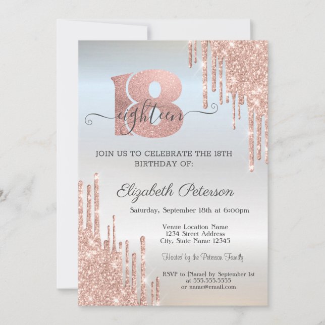 Invitación  Cumpleaños 18 de Rosa Dorado Brillo Gotear Plata  (Anverso)