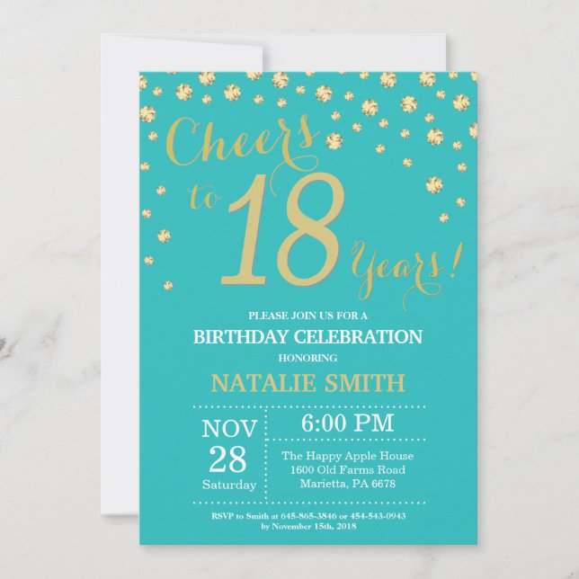 Invitación Cumpleaños 18 Diamante Turquesa y Dorado (Anverso)