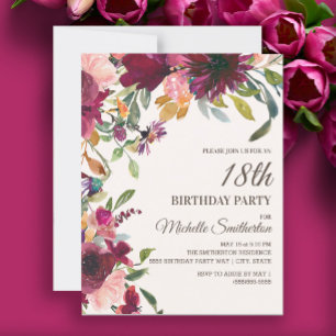 Invitación Cumpleaños 18 Elegante Floral Rosa Púrpura Dorado