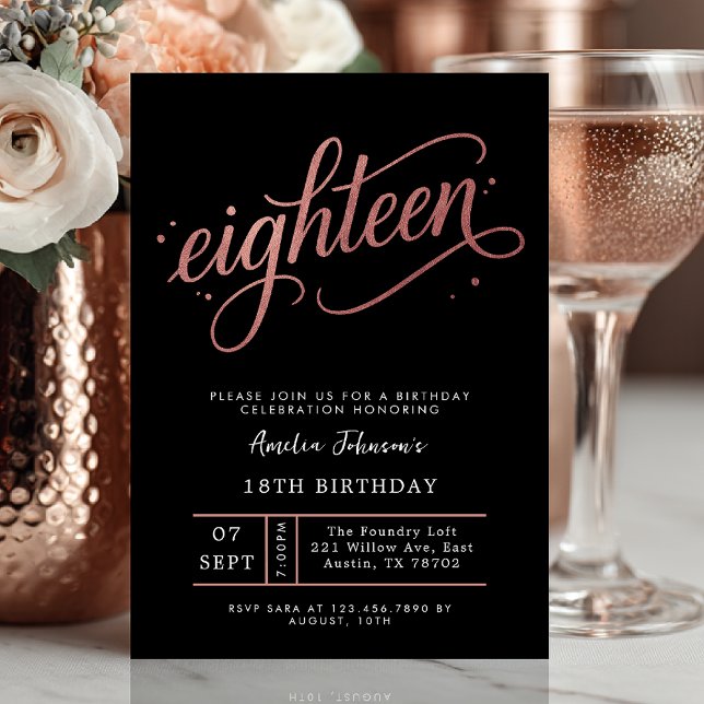 Invitación Cumpleaños 18 Elegante Rosa Dorado (Eighteen and elegant ✨ Celebrate in style with this luxe rose gold and black birthday invite.)