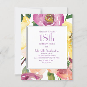 Invitación Cumpleaños 18 en Floral Acuarela Amarillo Purpura