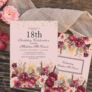 Invitación Cumpleaños 18 en Rosa Burdeos Floral Dorado Brilla