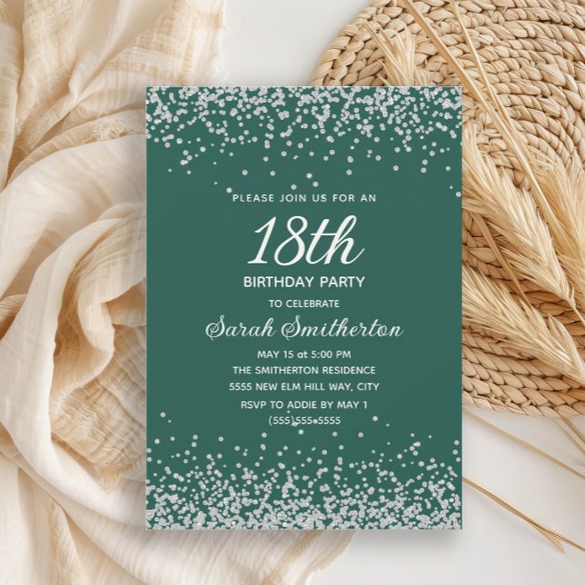Invitación Cumpleaños 18 esmeralda verde plata diamante brill (Elegant emerald green and silver glitter 18th birthday party invitation for women,)