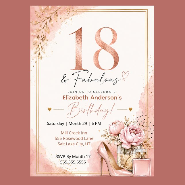 Invitación Cumpleaños 18 Fabuloso de Peonía y Perfume (Elegant 18th birthday invitation with blush pink watercolor, rose gold glitter, and peony flowers,)