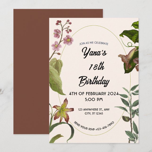 Invitación Cumpleaños 18 Floral Crema y Verde  (Anverso / Reverso)