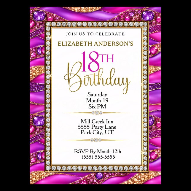 Invitación Cumpleaños 18 Glam Pink Gold Joyas Strata (Glam Pink and Gold Jeweled 18th Birthday Invitation with Diamond Luxury Design
)