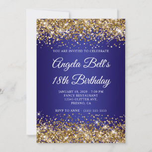 Invitación Cumpleaños 18 Glitter Dorado Ombre Azul Profundo