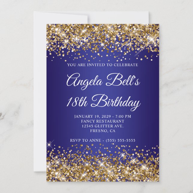 Invitación Cumpleaños 18 Glitter Dorado Ombre Azul Profundo (Anverso)