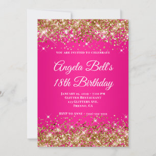 Invitación Cumpleaños 18 Glitter Dorado Rosa Caliente Ombre M