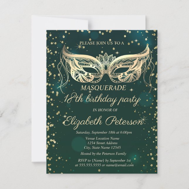 Invitación Cumpleaños 18 Masquerade Oro Diamantes (Anverso)