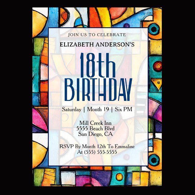 Invitación Cumpleaños 18 moderno cubista (Modern colorful abstract 18th birthday invitation for elegant milestone celebration
)