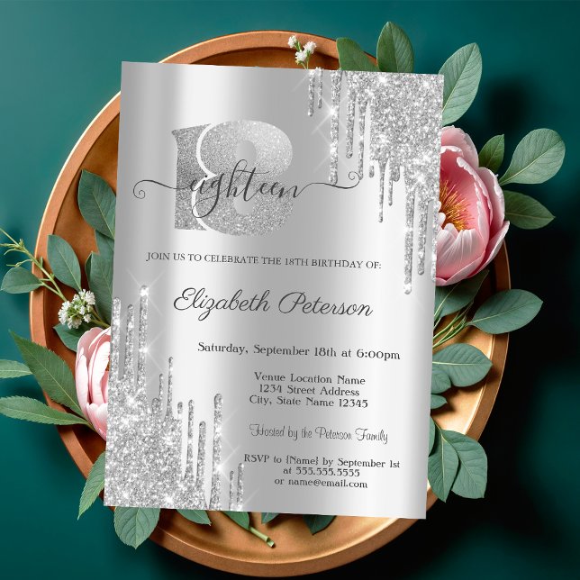 Invitación Cumpleaños 18 Moderno Elegante con Brillo de Plata (Subido por el creador)