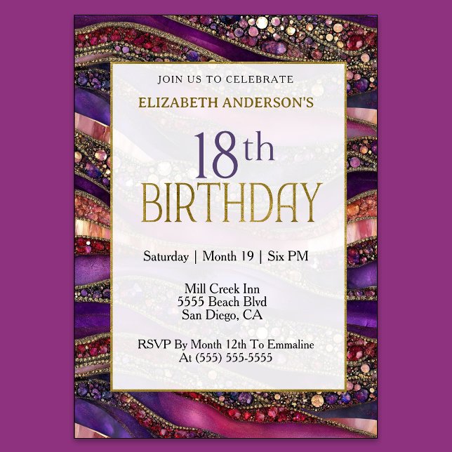 Invitación Cumpleaños 18 Moderno Morado Dorado Con Joyas Estr (Purple and gold jeweled 18th birthday invitation with glamorous marble design
)
