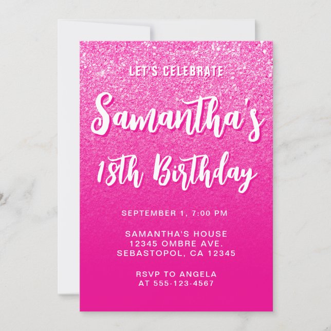 Invitación Cumpleaños 18 Moderno Rosa Caliente Gradiente (Anverso)