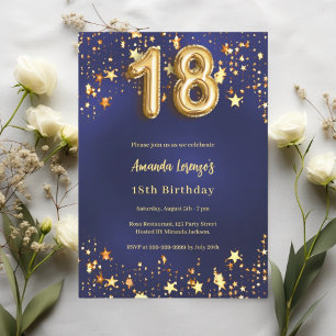 Invitación cumpleaños 18 navy azul estrellas doradas