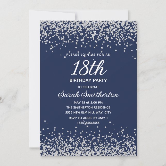 Invitación Cumpleaños 18 Navy Blue Silver Diamond Glitter (Anverso)