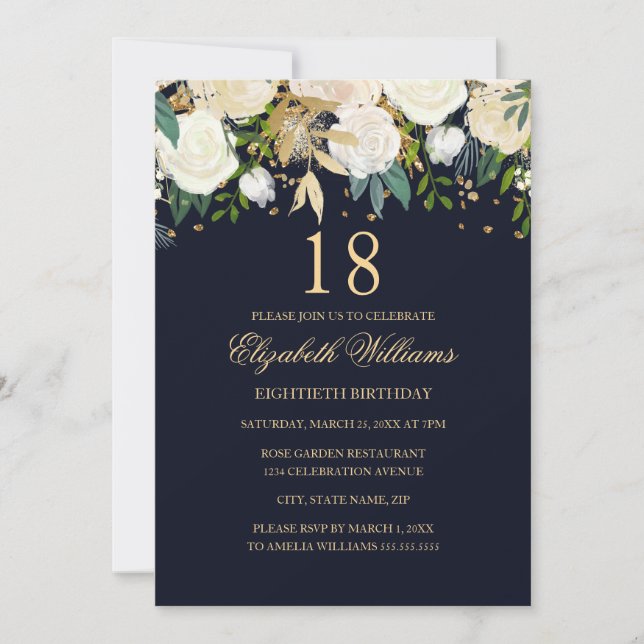 Invitación Cumpleaños 18 Navy Gold Floral Cumpleaños 18 (Anverso)