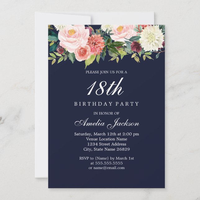 Invitación Cumpleaños 18 Navy Peach Botánico Floral (Anverso)