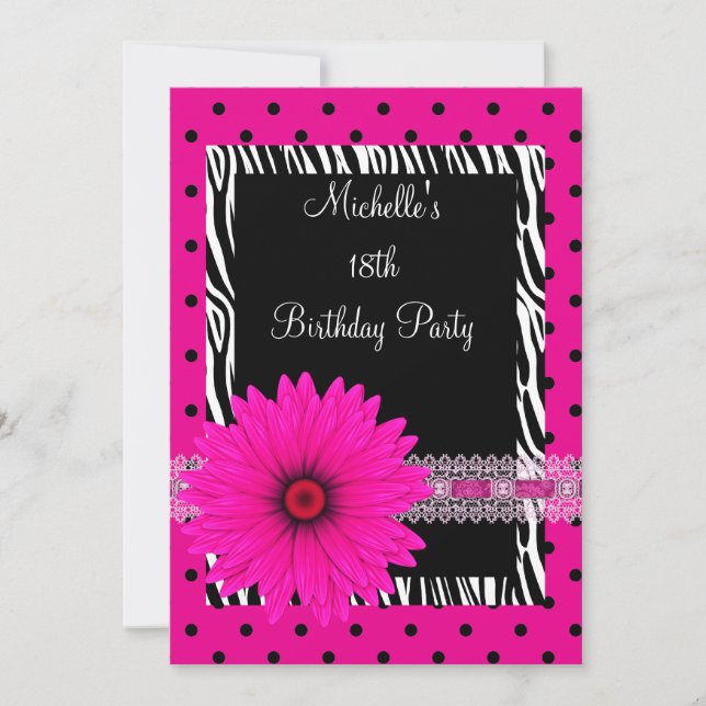 Invitación Cumpleaños 18 Negro Blanco Cebra Flor con mancha r (Anverso)