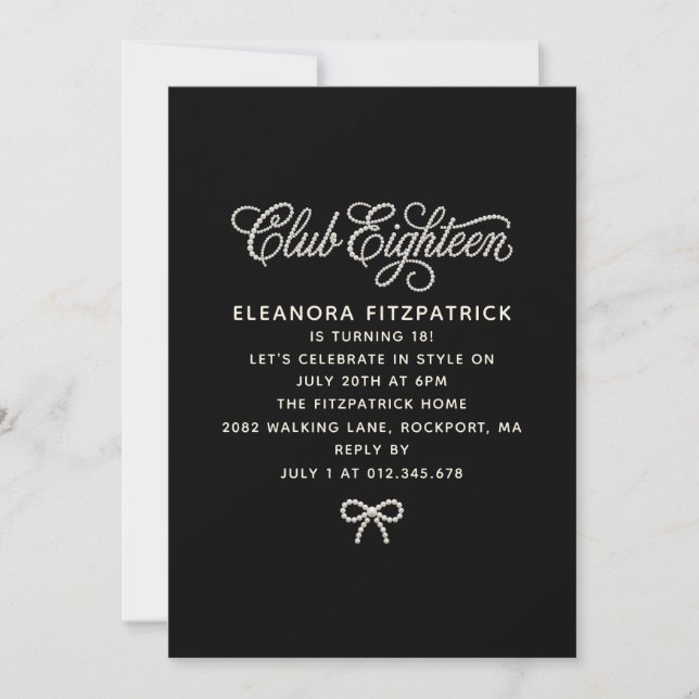 Invitación Cumpleaños 18 Negro Blanco Perla Script Lazo (Anverso)