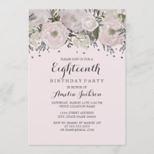 Invitación Cumpleaños 18 Pretty Blush Rosa Plateado Floral