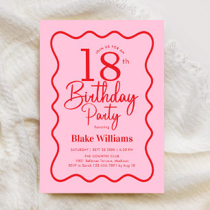 Invitación Cumpleaños 18 Retro Rosa Rojo con Borde Ondulado