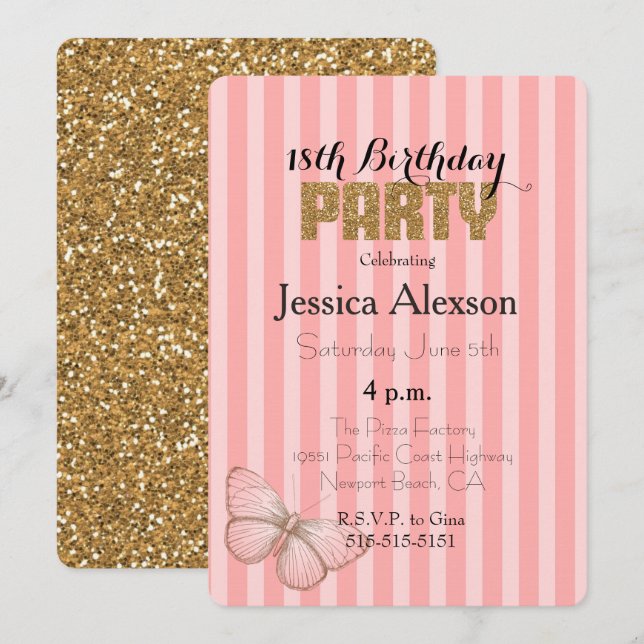 Invitación Cumpleaños 18 Rosa Rojizo Confeti Brillo Dorado (Anverso / Reverso)