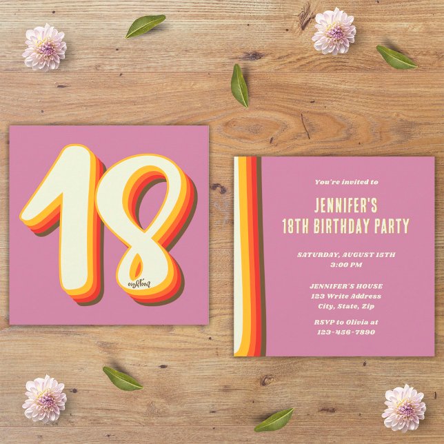 Invitación Cumpleaños 18 Simple Rosa Moderno Retro Groovy (Front and Back)