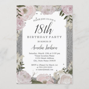 Invitación Cumpleaños 18 Sparkle Pink Silver Floral