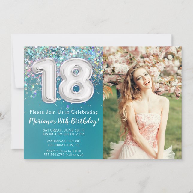 Invitación Cumpleaños 18 Teal Silver Glitter Foto (Anverso)