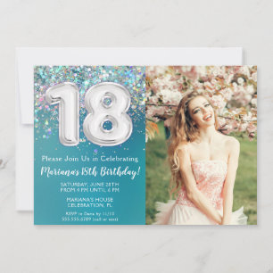 Invitación Cumpleaños 18 Teal Silver Glitter Foto
