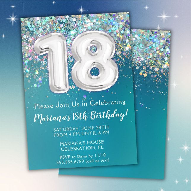 Invitación Cumpleaños 18 Turquesa Brillo Plateado (Subido por el creador)