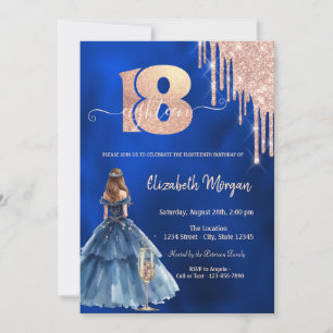 Invitación  Cumpleaños 18 vestido destellos gotas vidrio azul