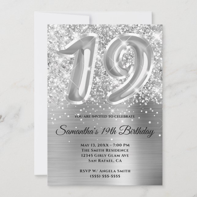 Invitación Cumpleaños 19 Brillante Glamuroso Plateado (Anverso)